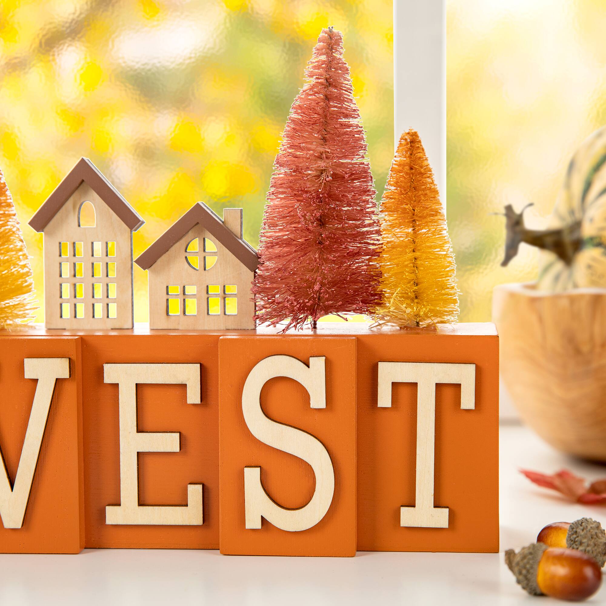 Glitzhome® 14" Harvest Wooden House and Brush Trees Table Décor